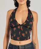 The Charming Ditsy Rose Lace-Up Halter Corset Top in black with a modern design and trendy look is part of the latest women's tops collection to elevate your 2025 wardrobe.
