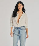 The Always Chic Satin Button-Down Long Sleeve Top in ivory with a modern design and trendy look is part of the latest women's tops collection to elevate your 2025 wardrobe.