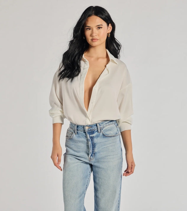 The Always Chic Satin Button-Down Long Sleeve Top in ivory with a modern design and trendy look is part of the latest women's tops collection to elevate your 2025 wardrobe.