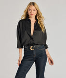 The Always Chic Satin Button-Down Long Sleeve Top in black with a modern design and trendy look is part of the latest women's tops collection to elevate your 2025 wardrobe.