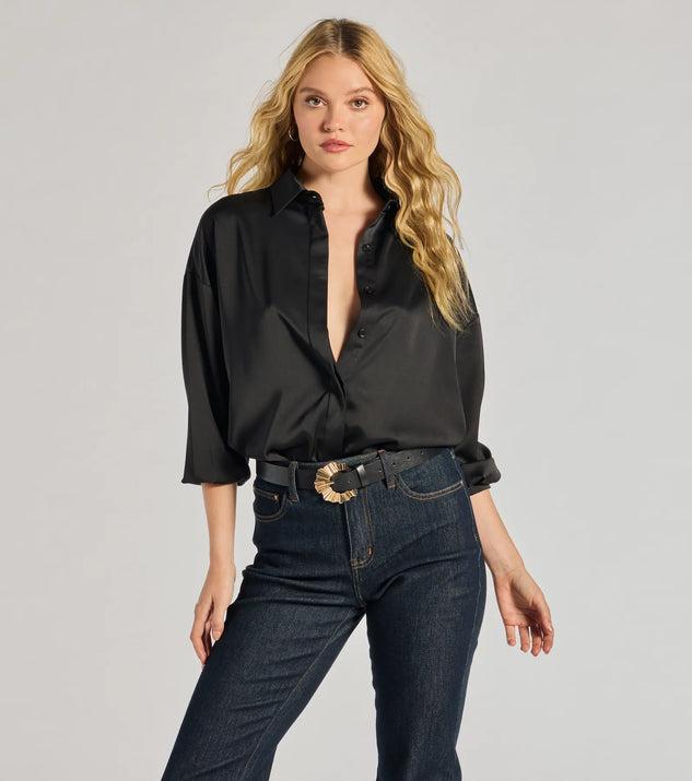 The Always Chic Satin Button-Down Long Sleeve Top in black with a modern design and trendy look is part of the latest women's tops collection to elevate your 2025 wardrobe.