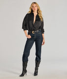 The Always Chic Satin Button-Down Long Sleeve Top in black with a modern design and trendy look is part of the latest women's tops collection to elevate your 2025 wardrobe.