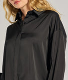 The Always Chic Satin Button-Down Long Sleeve Top in black with a modern design and trendy look is part of the latest women's tops collection to elevate your 2025 wardrobe.