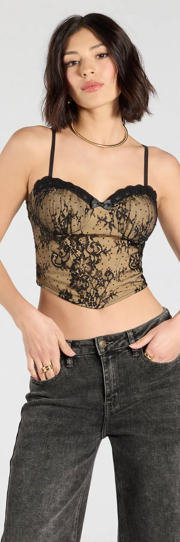 From bold to effortless, the Daring Sparkle Rhinestone Lace Bustier lets you define your vibe with black tops that speak your style.
