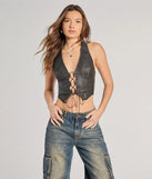 The Lace Me Up Faux Leather Halter Crop Top in black with a modern design and trendy look is part of the latest women's tops collection to elevate your 2025 wardrobe.