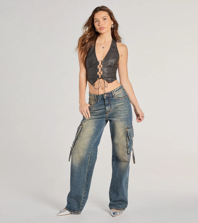 Lace Me Up Faux Leather Halter Crop Top | Windsor