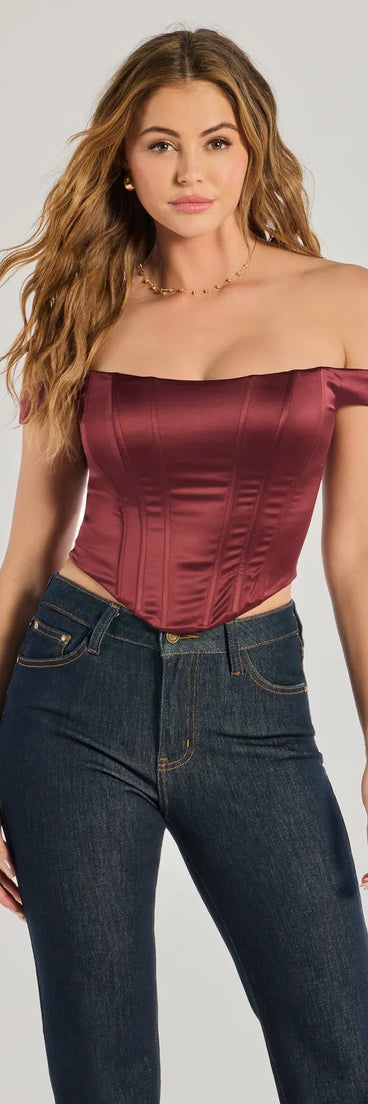 The Chic Sleek Satin Off-The-Shoulder Corset Top in wine with a modern design and trendy look is part of the latest women's tops collection to elevate your 2025 wardrobe.