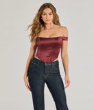 The Chic Sleek Satin Off-The-Shoulder Corset Top in wine with a modern design and trendy look is part of the latest women's tops collection to elevate your 2025 wardrobe.