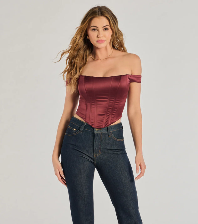 The Chic Sleek Satin Off-The-Shoulder Corset Top in wine with a modern design and trendy look is part of the latest women's tops collection to elevate your 2025 wardrobe.