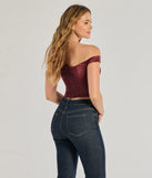 The Chic Sleek Satin Off-The-Shoulder Corset Top in wine with a modern design and trendy look is part of the latest women's tops collection to elevate your 2025 wardrobe.