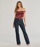 The Chic Sleek Satin Off-The-Shoulder Corset Top in wine with a modern design and trendy look is part of the latest women's tops collection to elevate your 2025 wardrobe.