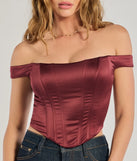 The Chic Sleek Satin Off-The-Shoulder Corset Top in wine with a modern design and trendy look is part of the latest women's tops collection to elevate your 2025 wardrobe.