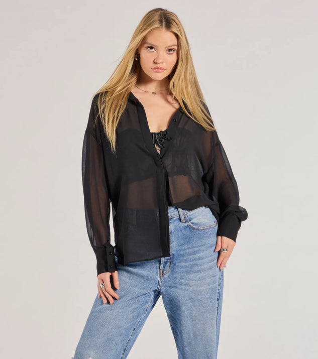 The Sheer Ambition Long Sleeve Collared Blouse in black with a modern design and trendy look is part of the latest women's tops collection to elevate your 2025 wardrobe.