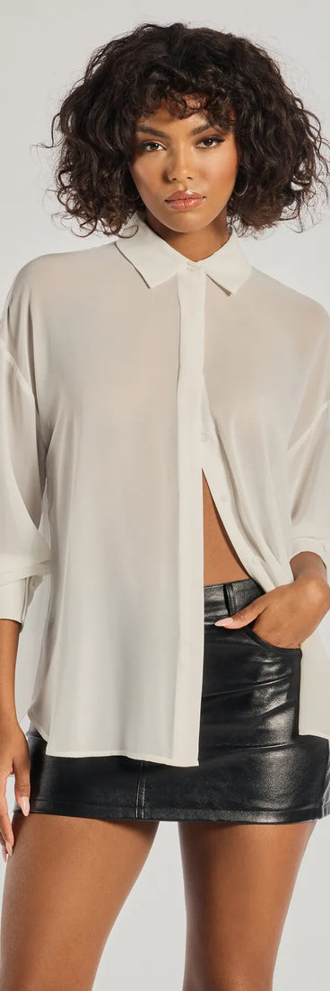 The Sheer Ambition Long Sleeve Collared Blouse in ivory with a modern design and trendy look is part of the latest women's tops collection to elevate your 2025 wardrobe.