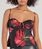 The Petal Perfection Floral Satin Top in black with a modern design and trendy look is part of the latest women's tops collection to elevate your 2025 wardrobe.