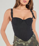 The Stylish Era Buckle Strap Corset Top in black with a modern design and trendy look is part of the latest women's tops collection to elevate your 2025 wardrobe.