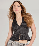 The Pretty Flair Polka Dot Satin Halter Top in black with a modern design and trendy look is part of the latest women's tops collection to elevate your 2025 wardrobe.