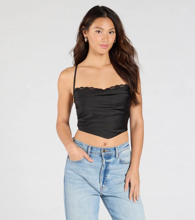 Stay on-trend this season with the Sultry Stunner Lace-Up Satin Crop Top in black, a must-have for creating stylish and effortless spring outfits for women.