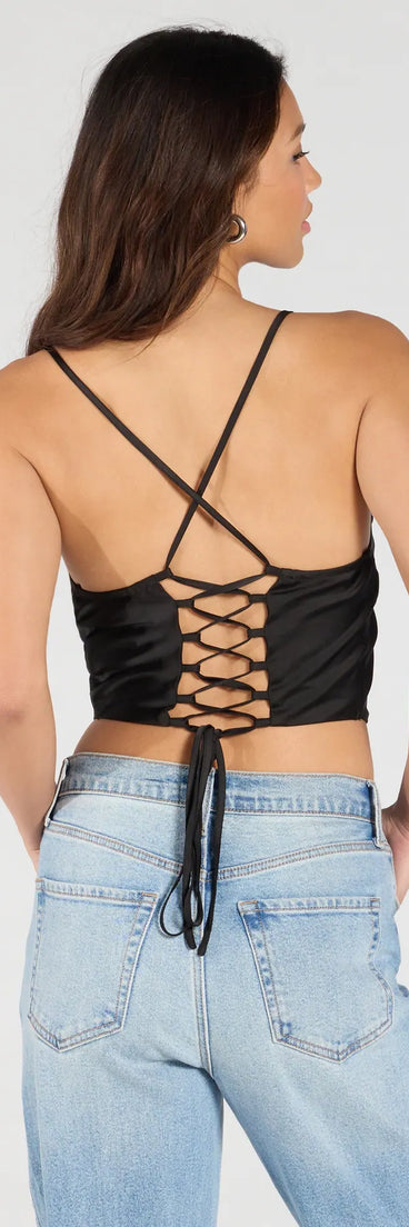 From bold to effortless, the Sultry Stunner Lace-Up Satin Crop Top lets you define your vibe with black tops that speak your style.
