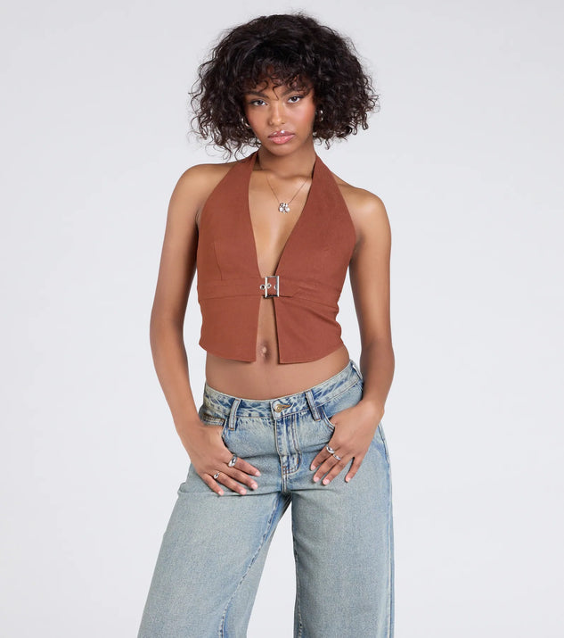 Sultry Trend Buckle Strap Halter Crop Top | Windsor