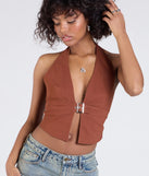 From bold to effortless, the Sultry Trend Buckle Strap Halter Crop Top lets you define your vibe with rust tops that speak your style.