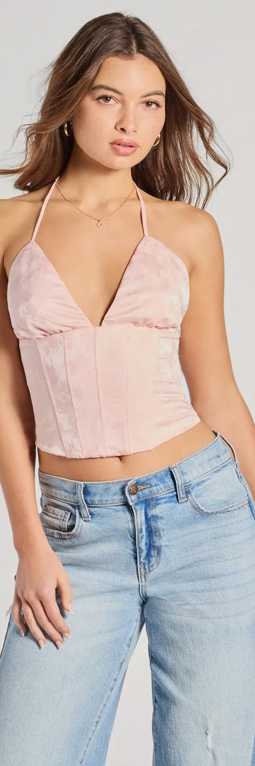 The All The Feels Halter Lace-Up Floral Satin Corset Top in pink with a modern design and trendy look is part of the latest women's tops collection to elevate your 2025 wardrobe.