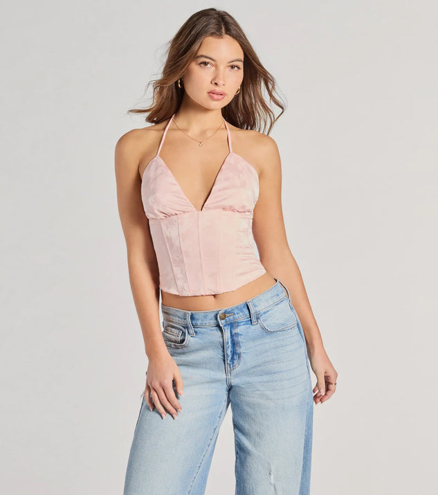 The All The Feels Halter Lace-Up Floral Satin Corset Top in pink with a modern design and trendy look is part of the latest women's tops collection to elevate your 2025 wardrobe.