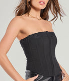 The party-ready Chic And Snatched Strapless Lace Trim Corset Top is a black going-out top showcasing a seasonal color and modern silhouette to create outfits for date nights, cocktail parties, or clubwear.
