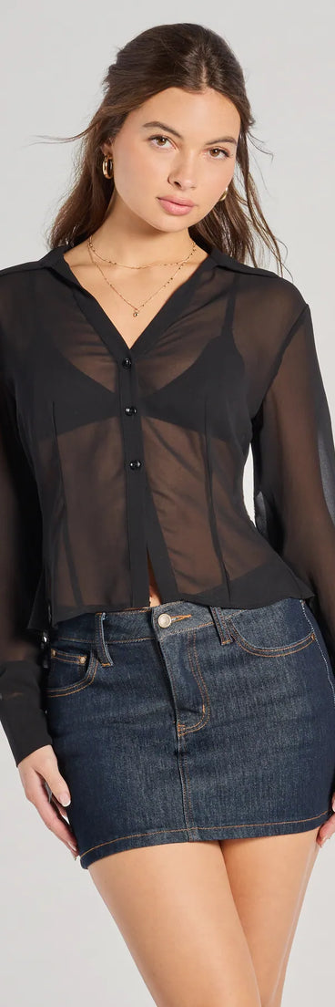 From bold to effortless, the Sheer To Be Seen Smocked Back Chiffon Button Top lets you define your vibe with black tops that speak your style.