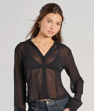 From bold to effortless, the Sheer To Be Seen Smocked Back Chiffon Button Top lets you define your vibe with black tops that speak your style.