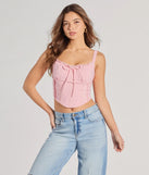 The Delicately Femme Lace Trim Corset Top in pink with a modern design and trendy look is part of the latest women's tops collection to elevate your 2025 wardrobe.