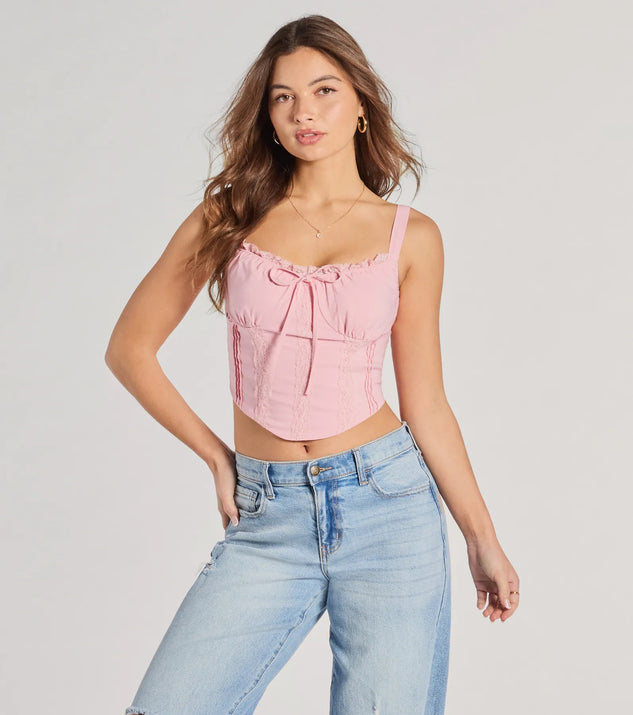 The Delicately Femme Lace Trim Corset Top in pink with a modern design and trendy look is part of the latest women's tops collection to elevate your 2025 wardrobe.