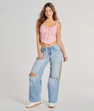 Stay on-trend this season with the Delicately Femme Lace Trim Corset Top in pink, a must-have for creating stylish and effortless spring outfits for women.