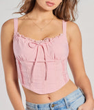The Delicately Femme Lace Trim Corset Top in pink with a modern design and trendy look is part of the latest women's tops collection to elevate your 2025 wardrobe.
