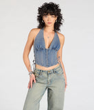 Stay on-trend this season with the The New Classic Halter Lace-Up Denim Corset Top in medium denim wash, a must-have for creating stylish and effortless spring outfits for women.