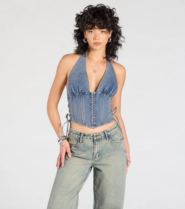The New Classic Halter Lace-Up Denim Corset Top | Windsor