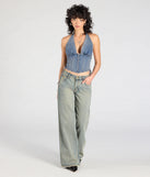 The The New Classic Halter Lace-Up Denim Corset Top in medium denim wash brings edge and energy to your vibe, ready to elevate any festival look or concert outfit.