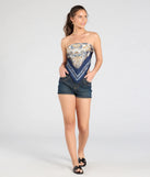 The Sun Soaked Cutie Satin Scarf Top in navy blue brings edge and energy to your vibe, ready to elevate any festival look or concert outfit.
