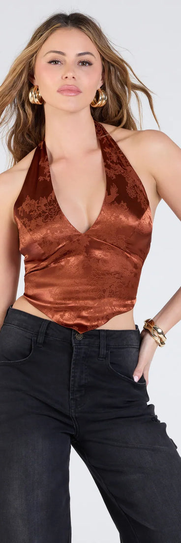 From bold to effortless, the Sleek Chic Satin Jacquard Halter Top lets you define your vibe with rust tops that speak your style.