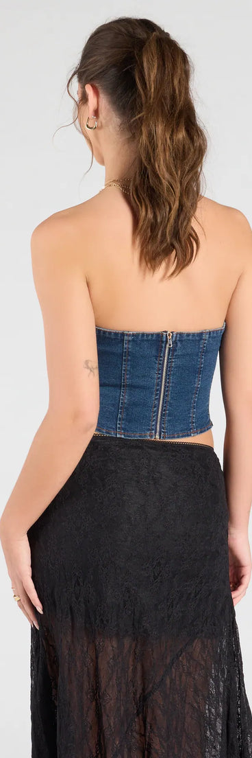 From bold to effortless, the Trendy Style Lace-Up Denim Corset Top lets you define your vibe with dark denim wash tops that speak your style.