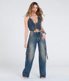 From bold to effortless, the Denim Cutie Halter Lace-Up Crop Top lets you define your vibe with denim blue tops that speak your style.