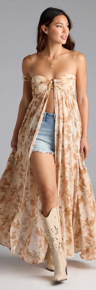 The Wanderlust Calling Strapless Abstract Flowy Tunic Top in natural brings edge and energy to your vibe, ready to elevate any festival look or concert outfit.