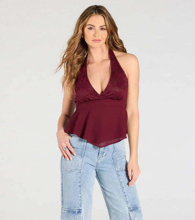 From bold to effortless, the Chic Flowy Lace Chiffon Halter Top lets you define your vibe with burgundy tops that speak your style.