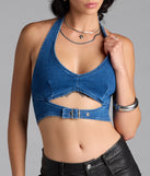 The Buckled Babe Halter Denim Crop Top in denim blue brings edge and energy to your vibe, ready to elevate any festival look or concert outfit.
