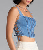 With its midriff cut and trend-forward fit, the Popular Icon Lace-Up Denim Corset Top is a denim blue crop top made to pair with skirts, denim, or whatever vibe you're feeling this season.