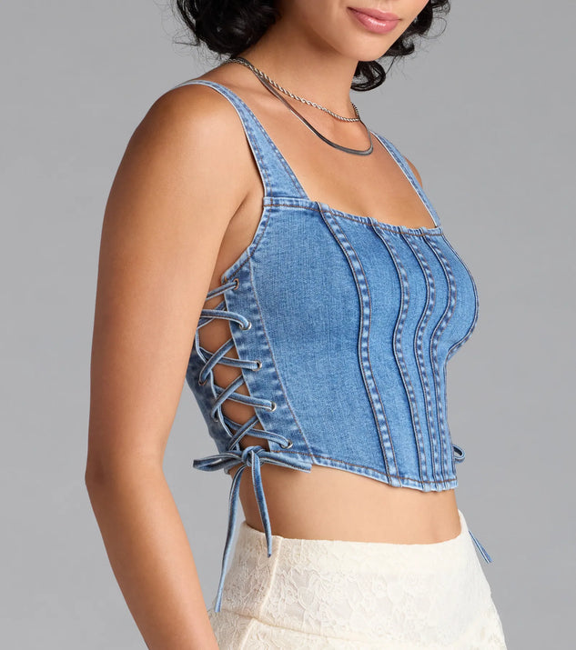 Popular Icon Lace-Up Denim Corset Top | Windsor