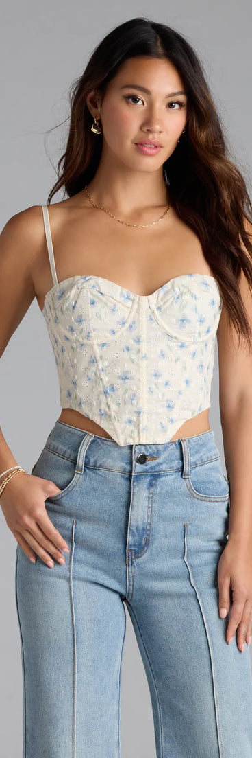 From bold to effortless, the Picturesque Cutie Lace-Up Floral Bustier lets you define your vibe with light blue tops that speak your style.