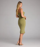 The Take Me Away Tube Midi Dress in sage green features a flattering fit and mid-calf hem, redefining effortless midi dresses for any occasion.