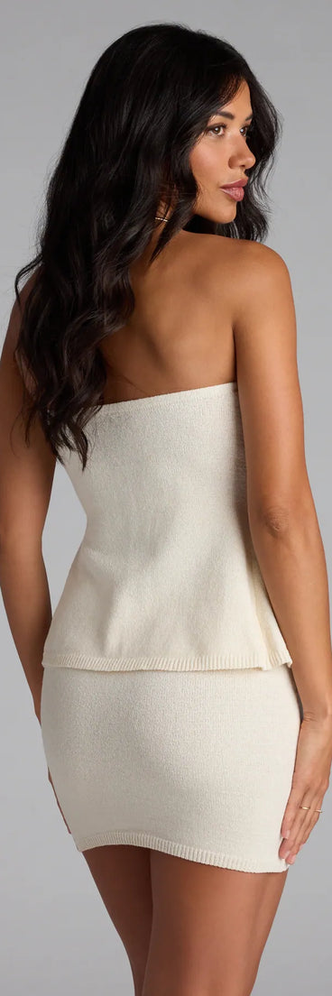 Look instantly put-together in the Bohemian Babe Knit Cutout Tube Top, part of a matching ivory clothing set designed for chic, no-fuss fall outfits.