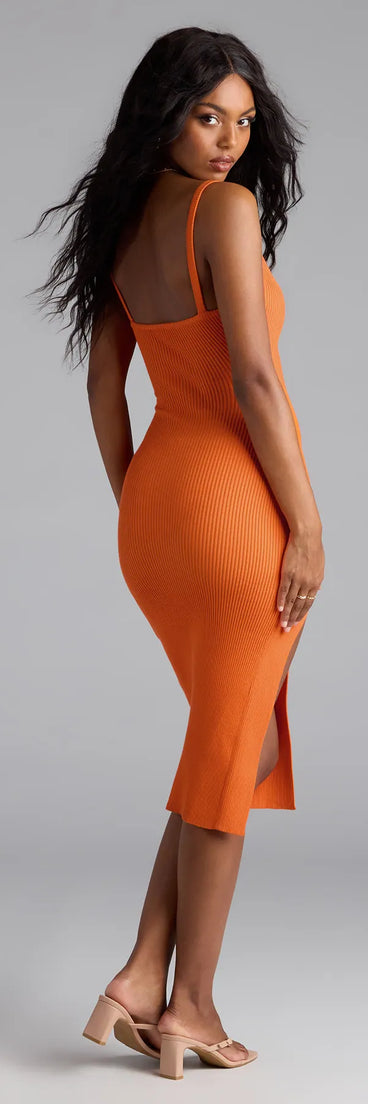 Soak up the season in the Toasty Sweetheart V-Neck Bodycon Knit Midi Dress, a orange sundress styled for easy days, outdoor plans, and everything in between.